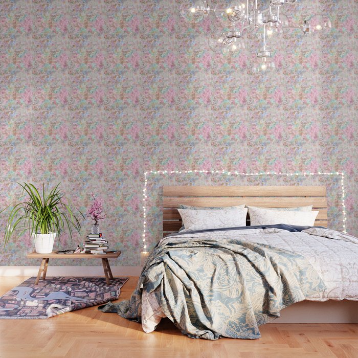 Shabby Vintage Pink Baby Blue Watercolor Floral Wallpaper