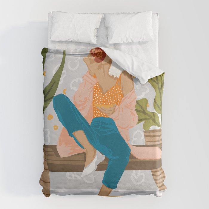 Boss Lady Illustration, Empower Woman Female Feminism, Plant Lady Tea Coffee Painting Duvet Cover