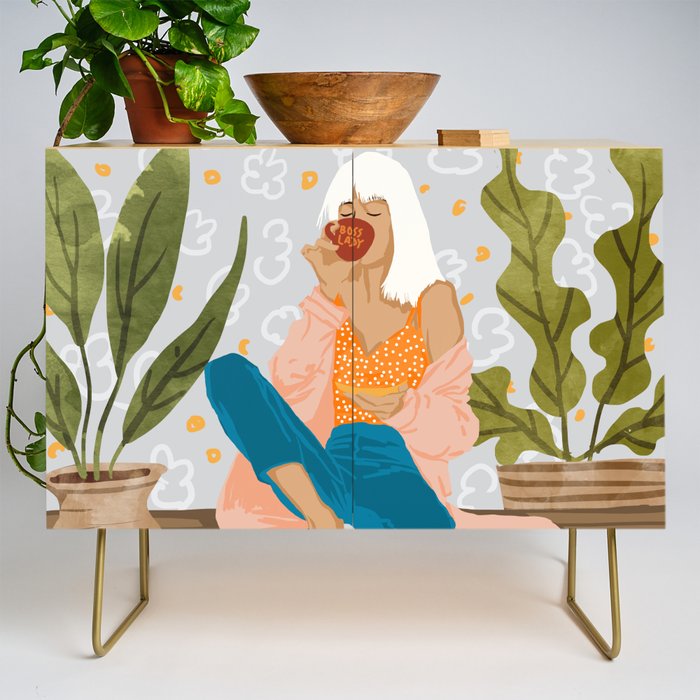 Boss Lady Illustration, Empower Woman Female Feminism, Plant Lady Tea Coffee Painting Credenza