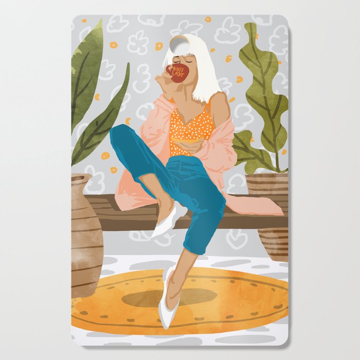 Boss Lady Illustration, Empower Woman Female Feminism, Plant Lady Tea Coffee Painting Cutting Board