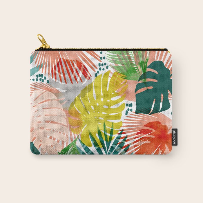 Tropical Garden, Botanical Colorful Jungle Watercolor Painting, Monstera Palm Nature Blush Bohemian Carry All Pouch