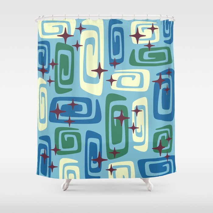 Mid Century Modern Cosmic Galaxies 728 Blue Green And Cream Shower Curtain