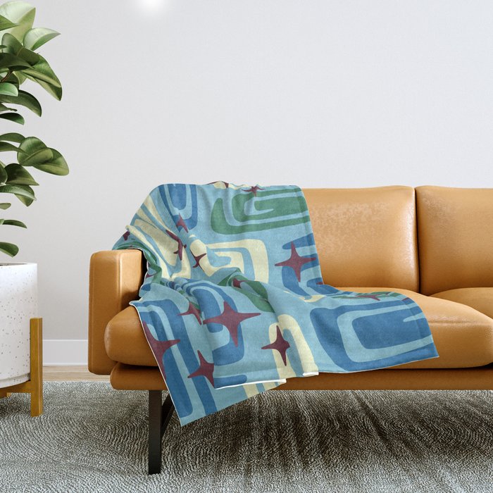 Mid Century Modern Cosmic Galaxies 728 Blue Green And Cream Throw Blanket