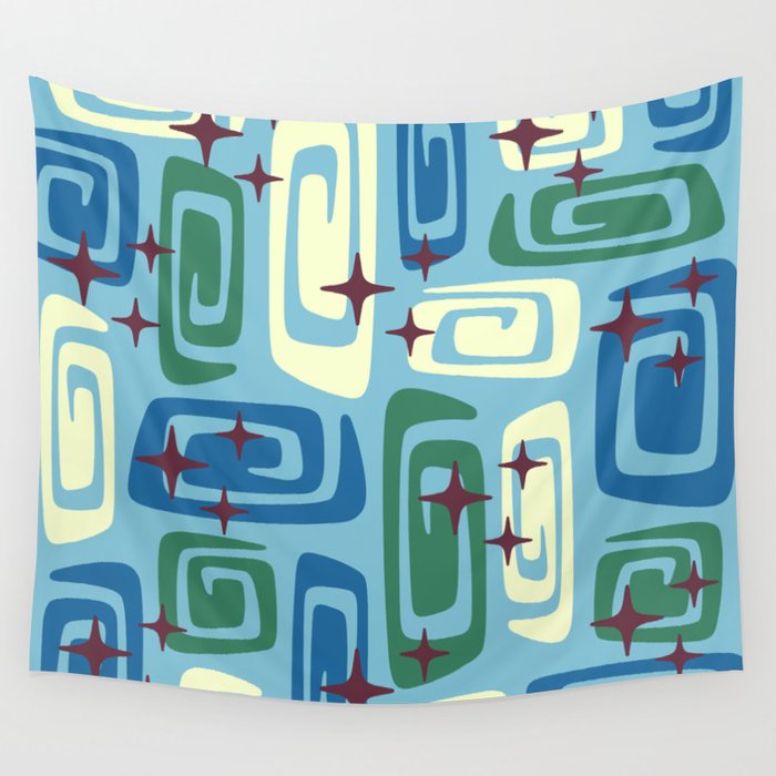 Mid Century Modern Cosmic Galaxies 728 Blue Green And Cream Wall Tapestry