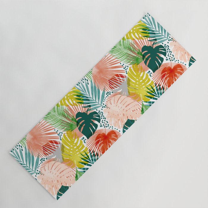 Tropical Garden, Botanical Colorful Jungle Watercolor Painting, Monstera Palm Nature Blush Bohemian Yoga Mat