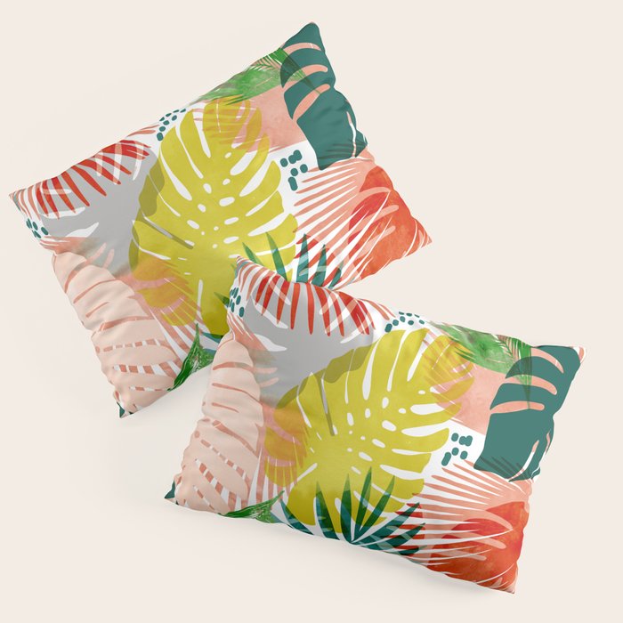Tropical Garden, Botanical Colorful Jungle Watercolor Painting, Monstera Palm Nature Blush Bohemian Pillow Sham