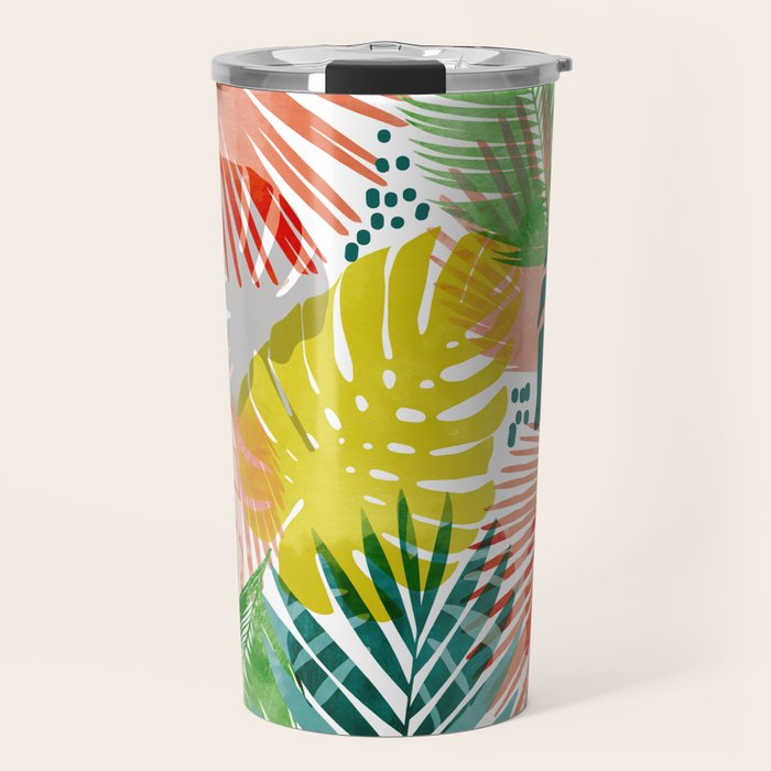 Tropical Garden, Botanical Colorful Jungle Watercolor Painting, Monstera Palm Nature Blush Bohemian Travel Mug