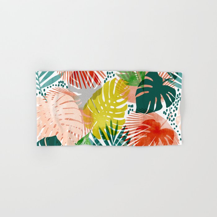Tropical Garden, Botanical Colorful Jungle Watercolor Painting, Monstera Palm Nature Blush Bohemian Bath Towel