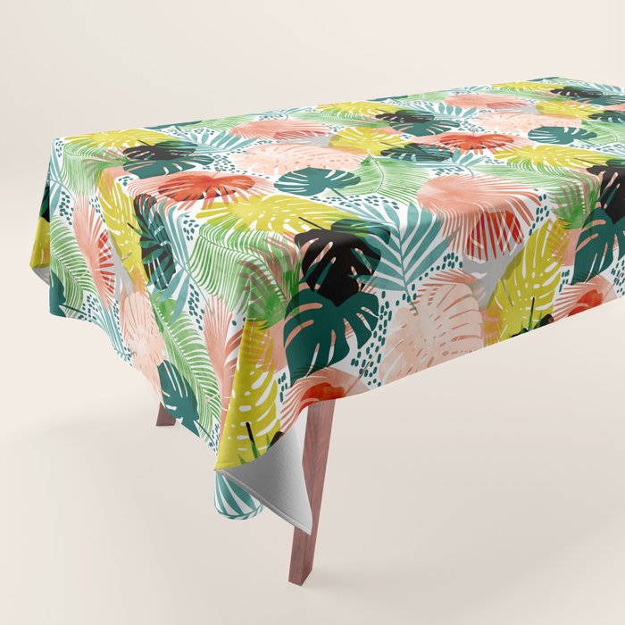 Tropical Garden, Botanical Colorful Jungle Watercolor Painting, Monstera Palm Nature Blush Bohemian Tablecloth