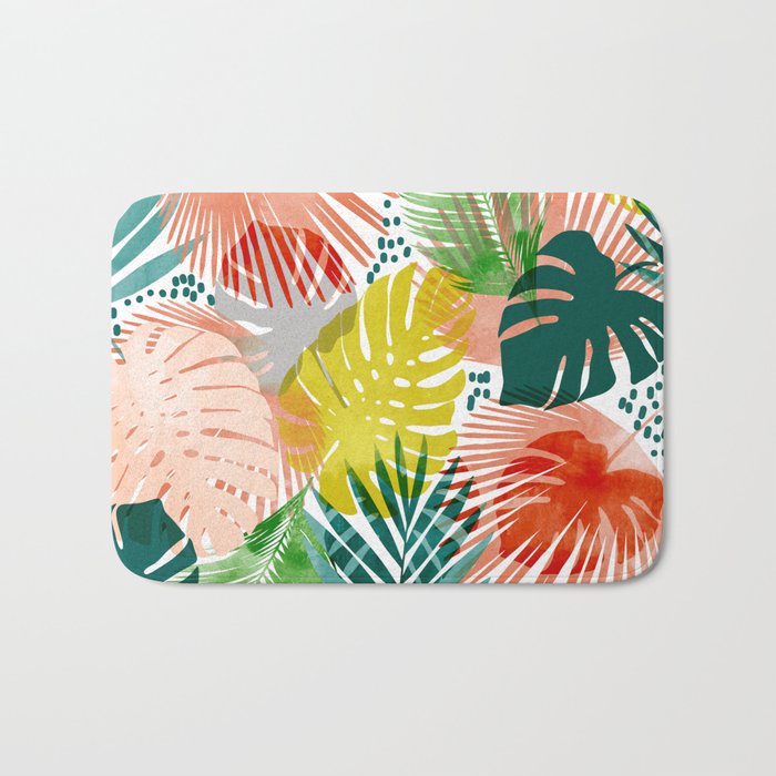 Tropical Garden, Botanical Colorful Jungle Watercolor Painting, Monstera Palm Nature Blush Bohemian Bath Mat