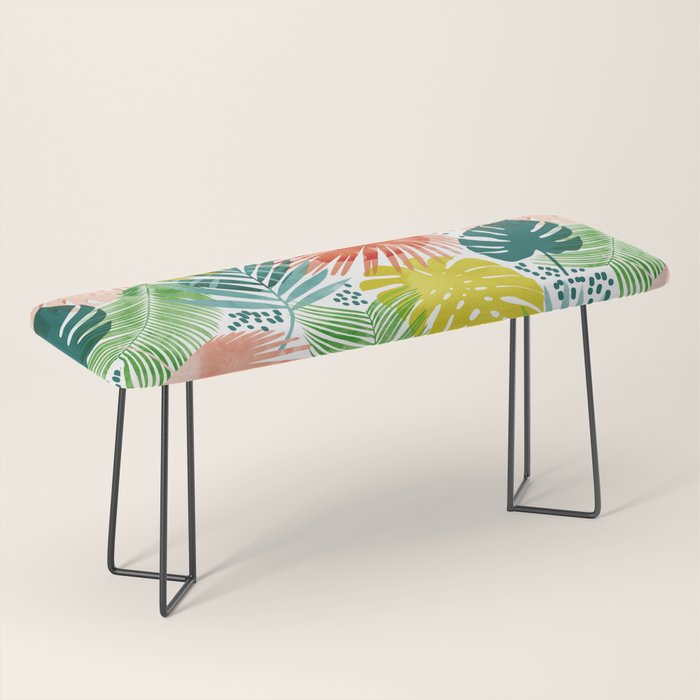 Tropical Garden, Botanical Colorful Jungle Watercolor Painting, Monstera Palm Nature Blush Bohemian Bench