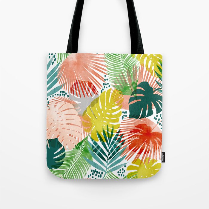 Tropical Garden, Botanical Colorful Jungle Watercolor Painting, Monstera Palm Nature Blush Bohemian Tote Bag