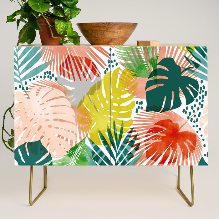 Tropical Garden, Botanical Colorful Jungle Watercolor Painting, Monstera Palm Nature Blush Bohemian Credenza