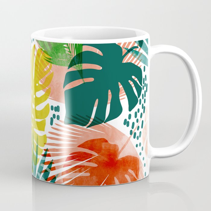 Tropical Garden, Botanical Colorful Jungle Watercolor Painting, Monstera Palm Nature Blush Bohemian Coffee Mug