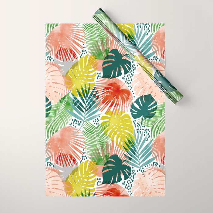 Tropical Garden, Botanical Colorful Jungle Watercolor Painting, Monstera Palm Nature Blush Bohemian Wrapping Paper