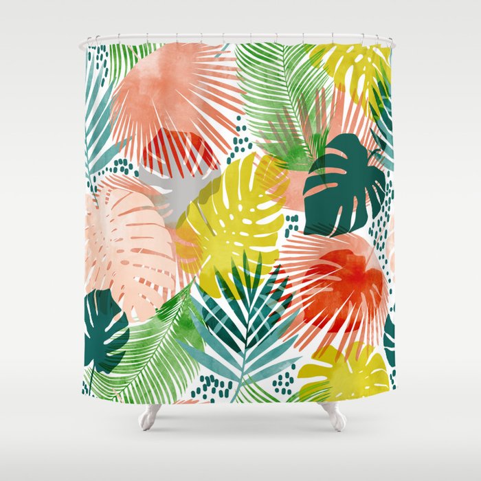 Tropical Garden, Botanical Colorful Jungle Watercolor Painting, Monstera Palm Nature Blush Bohemian Shower Curtain