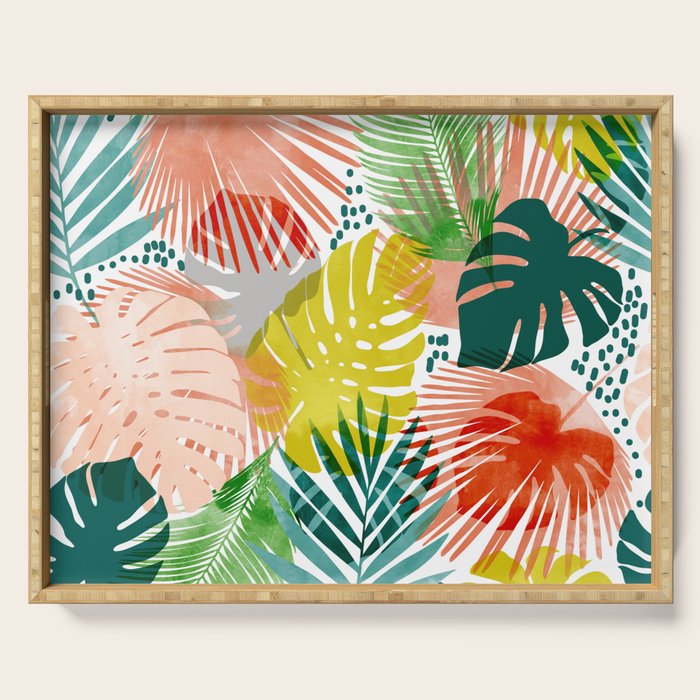 Tropical Garden, Botanical Colorful Jungle Watercolor Painting, Monstera Palm Nature Blush Bohemian Serving Tray