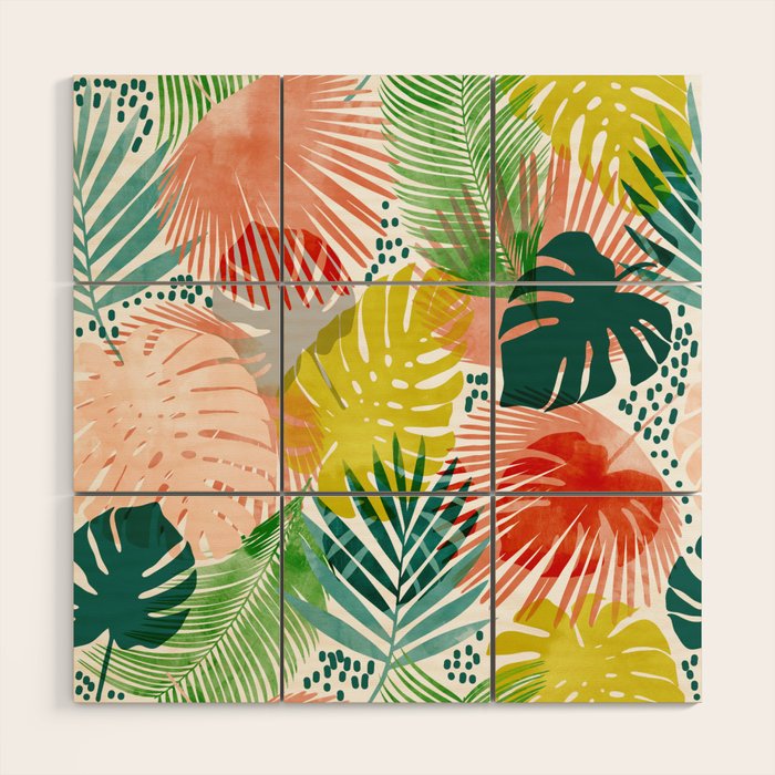 Tropical Garden, Botanical Colorful Jungle Watercolor Painting, Monstera Palm Nature Blush Bohemian Wood Wall Art