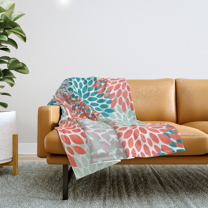 Floral Pattern, Orange, Teal, Mint Green, Flower Print Throw Blanket
