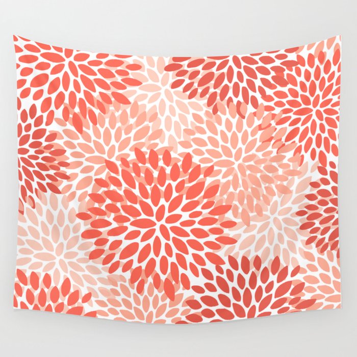 Flowers Pattern, Coral, Pink, Floral Prints Wall Tapestry