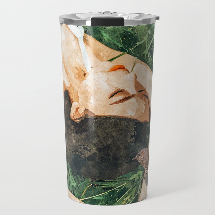 Jungle Nap Painting, Nature Illustration, Woman & Birds Portrait Travel Mug