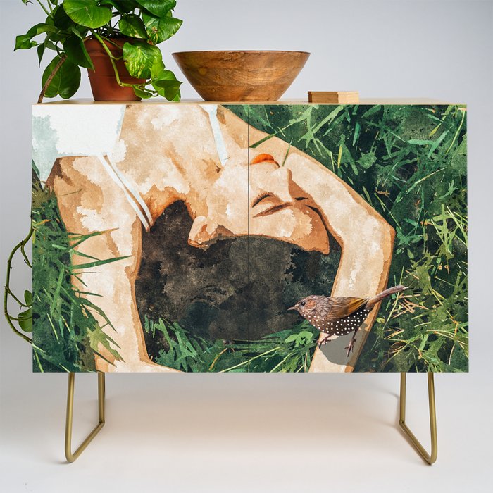 Jungle Nap Painting, Nature Illustration, Woman & Birds Portrait Credenza