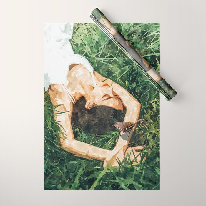 Jungle Nap Painting, Nature Illustration, Woman & Birds Portrait Wrapping Paper