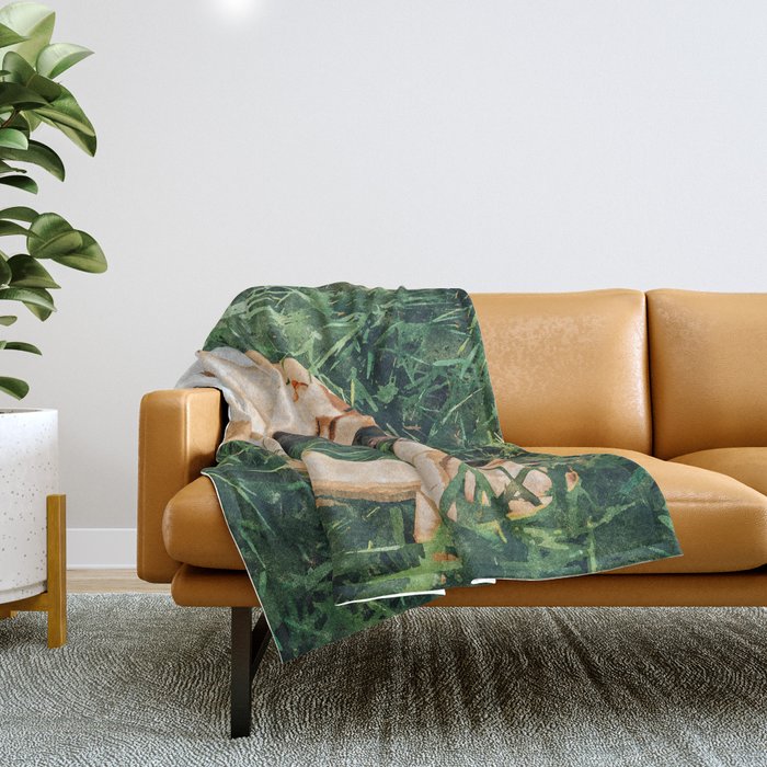 Jungle Nap Painting, Nature Illustration, Woman & Birds Portrait Throw Blanket