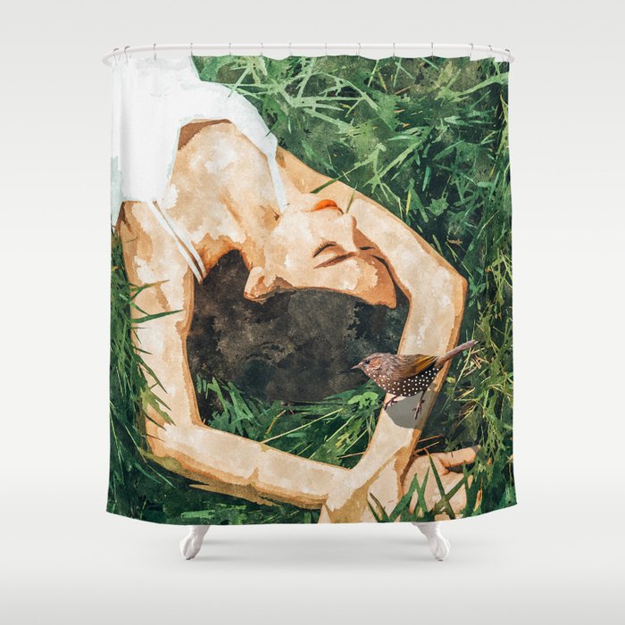Jungle Nap Painting, Nature Illustration, Woman & Birds Portrait Shower Curtain