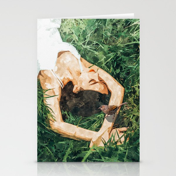 Jungle Nap Painting, Nature Illustration, Woman & Birds Portrait Stationery Card