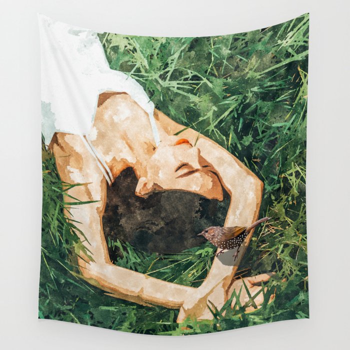 Jungle Nap Painting, Nature Illustration, Woman & Birds Portrait Wall Tapestry