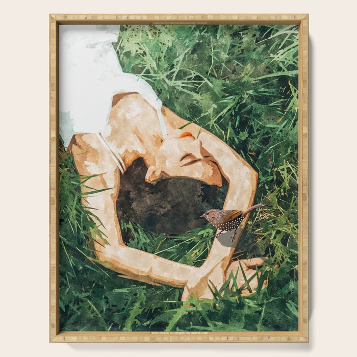 Jungle Nap Painting, Nature Illustration, Woman & Birds Portrait Serving Tray