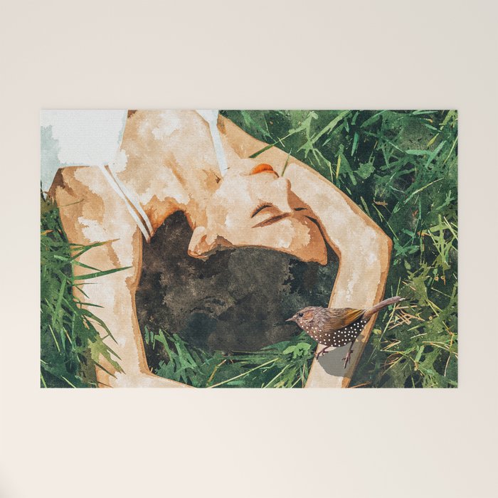 Jungle Nap Painting, Nature Illustration, Woman & Birds Portrait Welcome Mat