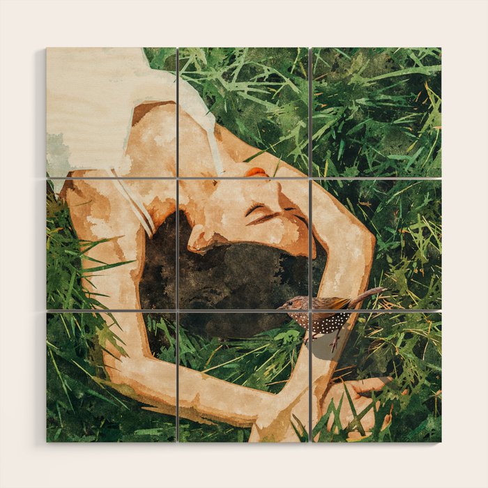 Jungle Nap Painting, Nature Illustration, Woman & Birds Portrait Wood Wall Art