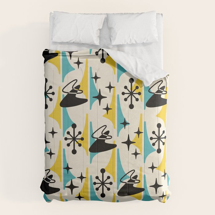 Mid Century Modern Cosmic Boomerang 726 Black Turquoise And Yellow Comforter
