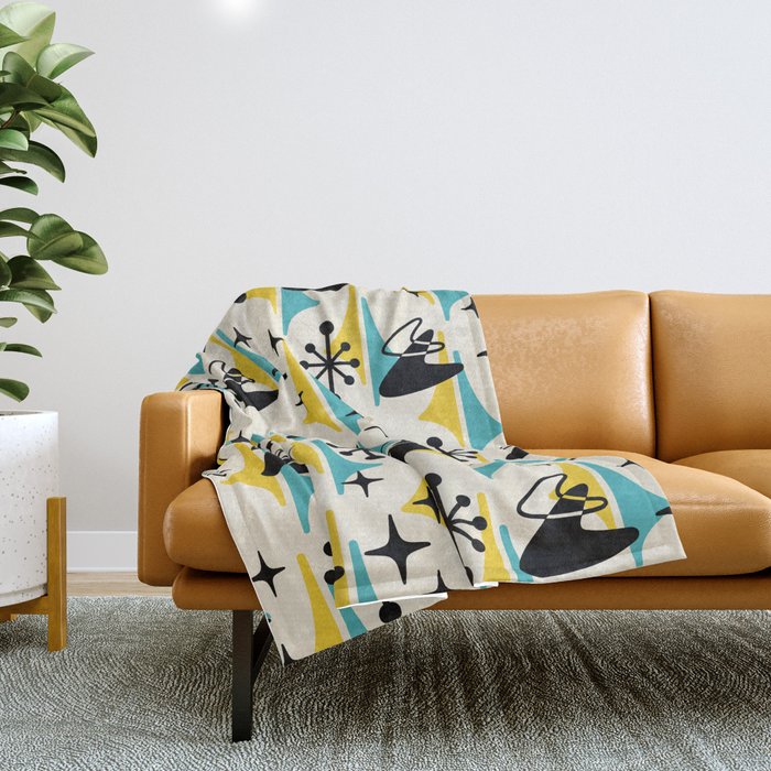 Mid Century Modern Cosmic Boomerang 726 Black Turquoise And Yellow Throw Blanket