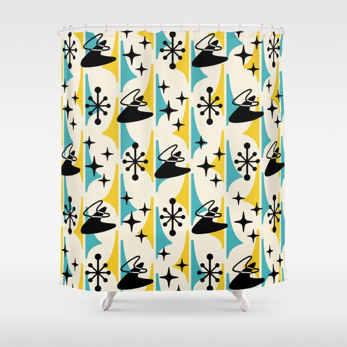 Mid Century Modern Cosmic Boomerang 726 Black Turquoise And Yellow Shower Curtain