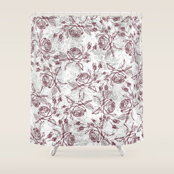 Vintage White Gray Burgundy Floral Marble Shower Curtain