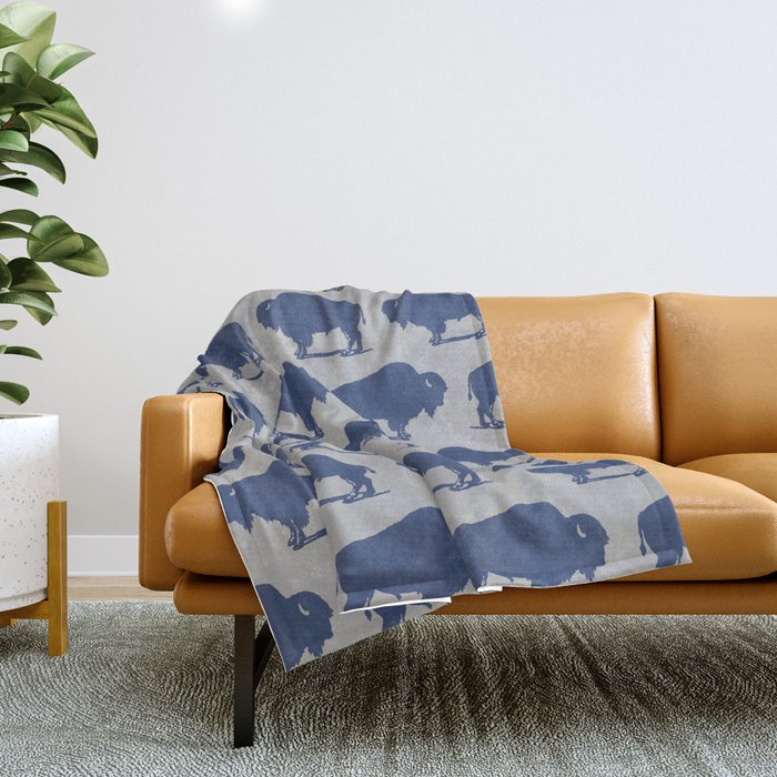 Buffalo Bison Pattern Blue And Gray Throw Blanket
