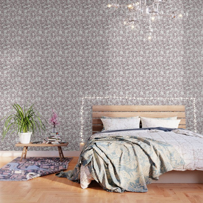 Vintage White Gray Burgundy Floral Marble Wallpaper