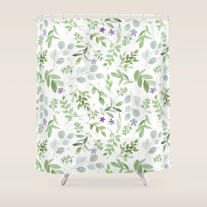 Botanical Forest Green Lavender Watercolor Floral Shower Curtain