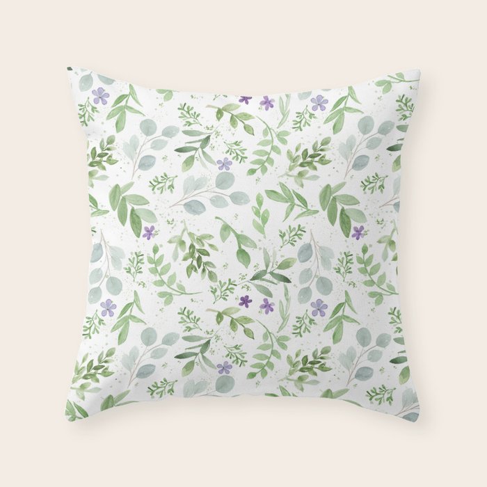 Botanical Forest Green Lavender Watercolor Floral Throw Pillow