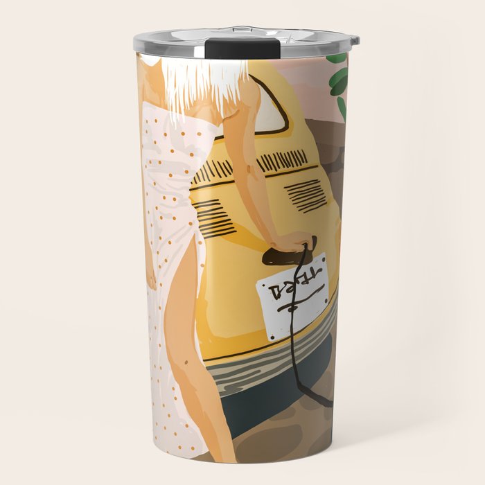 Tour, Pet Dog Walk, Italy Summer Fashion Woman, Animal Illustration, Travel Bohemian Cooper Painting Travel Mug