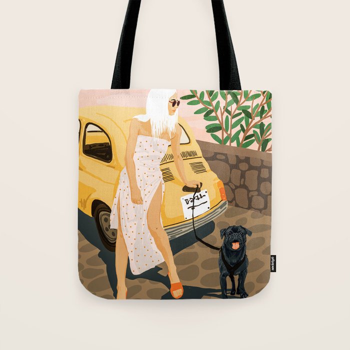 Tour, Pet Dog Walk, Italy Summer Fashion Woman, Animal Illustration, Travel Bohemian Cooper Painting Tote Bag