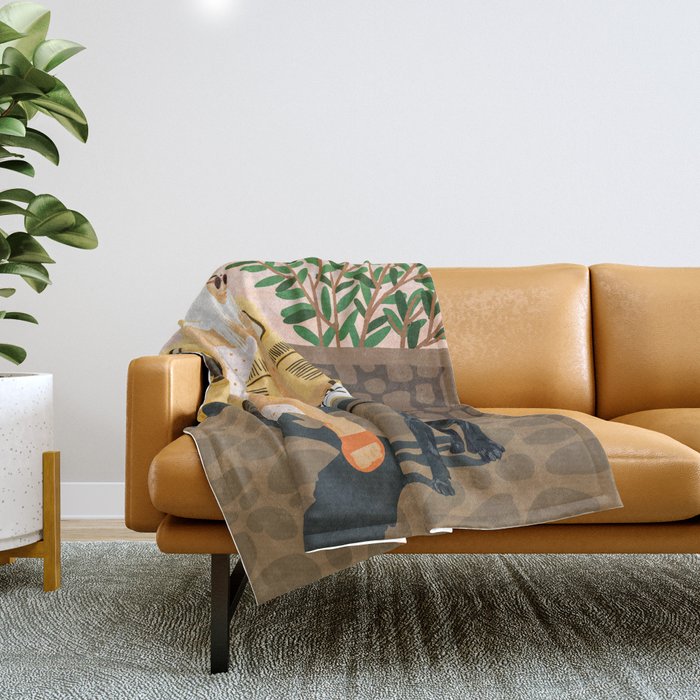 Tour, Pet Dog Walk, Italy Summer Fashion Woman, Animal Illustration, Travel Bohemian Cooper Painting Throw Blanket