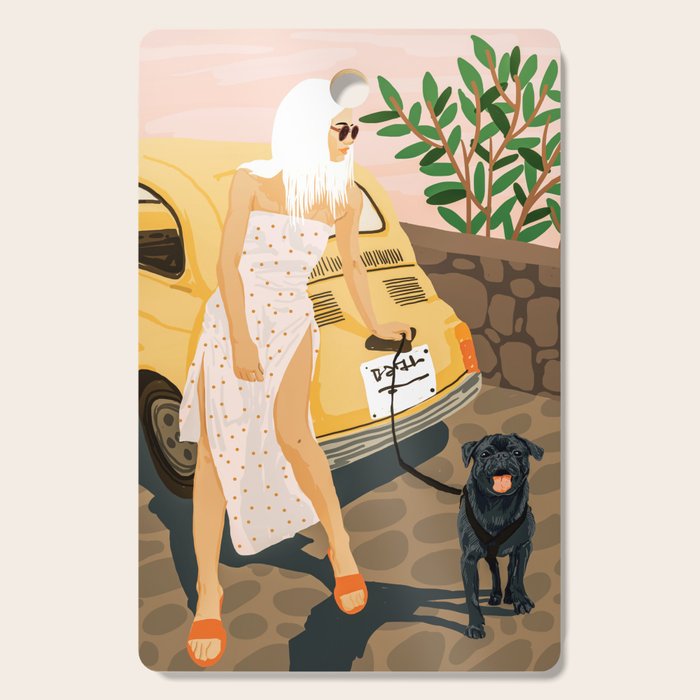 Tour, Pet Dog Walk, Italy Summer Fashion Woman, Animal Illustration, Travel Bohemian Cooper Painting Cutting Board