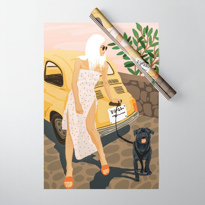 Tour, Pet Dog Walk, Italy Summer Fashion Woman, Animal Illustration, Travel Bohemian Cooper Painting Wrapping Paper