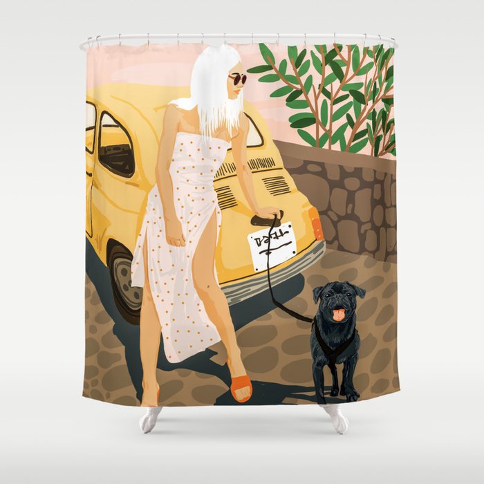 Tour, Pet Dog Walk, Italy Summer Fashion Woman, Animal Illustration, Travel Bohemian Cooper Painting Shower Curtain