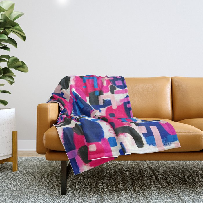 Magenta Blue Abstract Acrylic Painting Kusama Primitive Shapes Throw Blanket