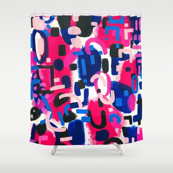 Magenta Blue Abstract Acrylic Painting Kusama Primitive Shapes Shower Curtain